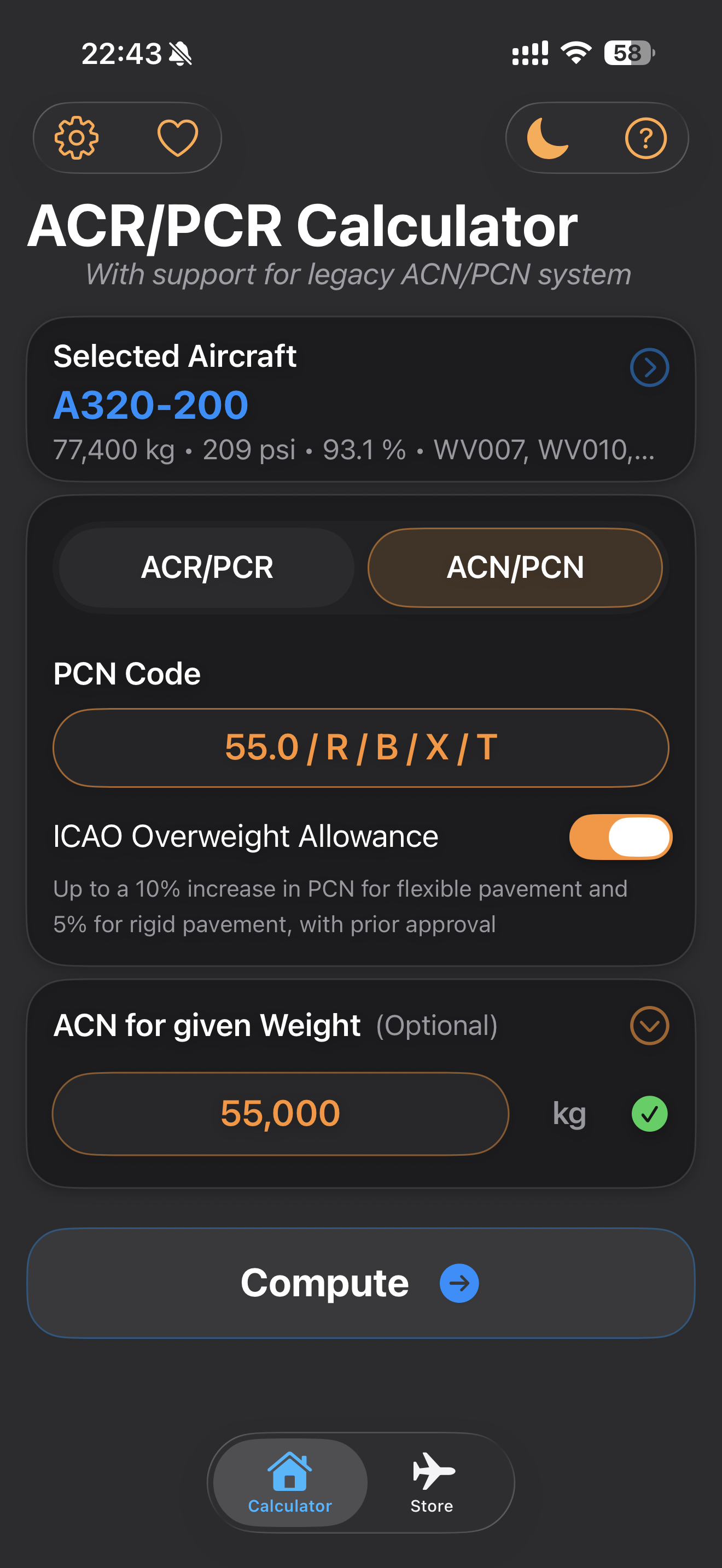 ACN/PCN legacy calculator mode