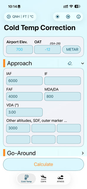 Cold Temp Correction — Input screen